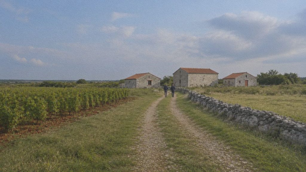 Un chemin traverse des vignes, des murets de calcaire et des terres rouges près d’un village du Kras slovène.